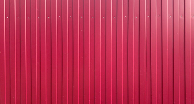 Minimalist background texture of a bright magenta corrugated metal fence with vertical lines and small silver rivets