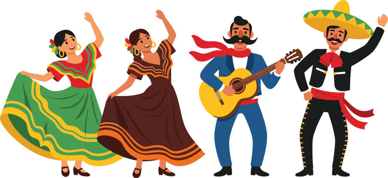 Mexican Dance and Music Illustration Featuring Traditional Dancers and Guitarist in Vibrant Cultural Attire