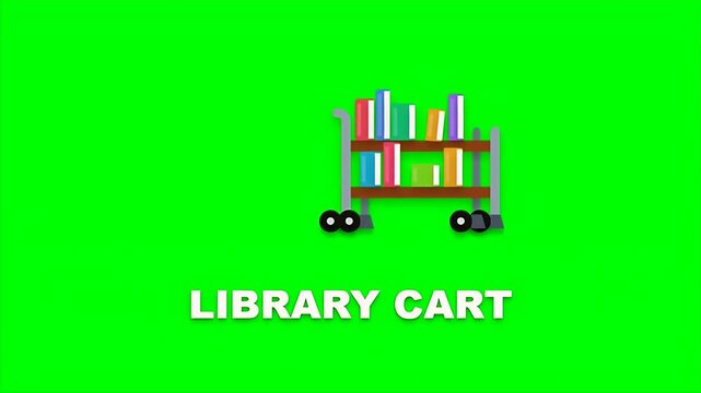 An animated flat style library cart filled with colorful books moves from right to left in a simple loop.