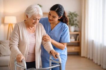 Fototapeta premium Caregiver assisting elderly woman walking with walker in home environment