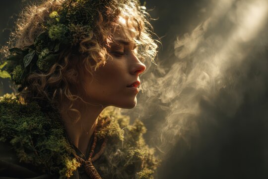 Ethereal pagan woman in deep foggy woodland
