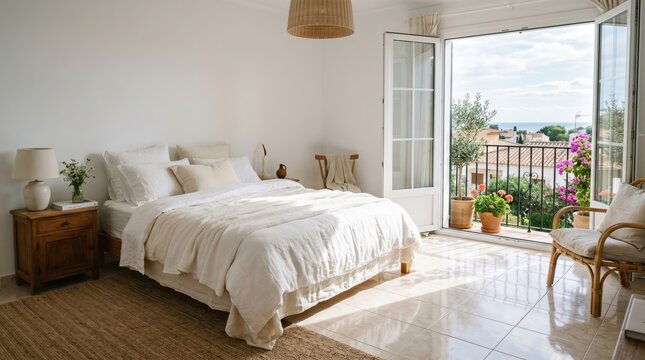 Bright white bedroom with open balcony and mediterranean view for interior design background and wallpaper