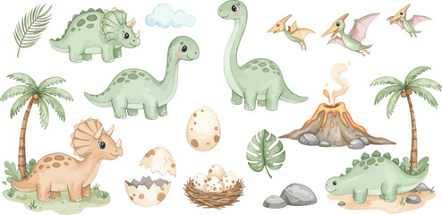 Fototapeta premium Funny cartoon vector illustration of a wild baby dinosaur with a chicken and eggs, a yellow Easter bunny, and a green snake in a blue nature zoo
