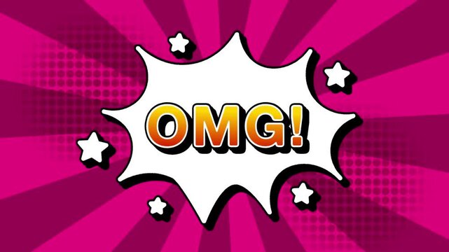 OMG oh my god text word lettering popup comic cartoon reveal with bomb and smoke explosion manga anime book page dots with radial speed lines doodle pink background with seamless loop animation