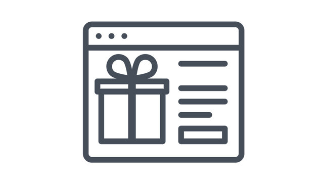 Online gift icon vector illustration featuring a browser window with a gift box and text lines, representing e-commerce, digital presents, online shopping rewards, and web-based gifting services.