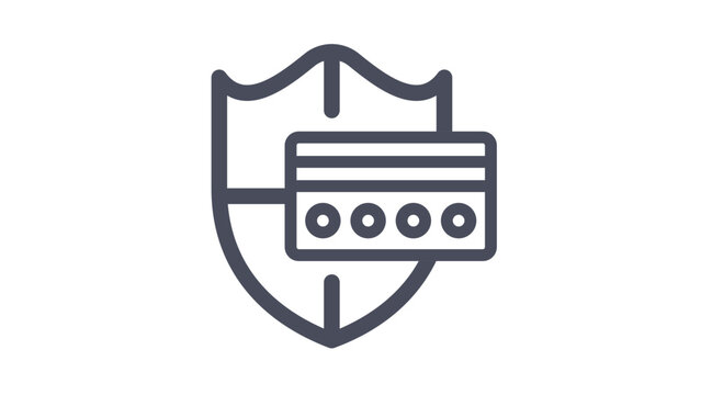Secure Payment Protection Vector Icon. Minimalist Black Line Illustration of a Credit Card with a Shield, Representing Financial Security, Safe Online Transactions, and Banking Data Privacy.