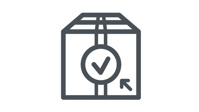 Black vector icon illustration of a cardboard box package with a checkmark tick and mouse cursor click, representing order confirmation, successful delivery, shipping verification, and logistics.