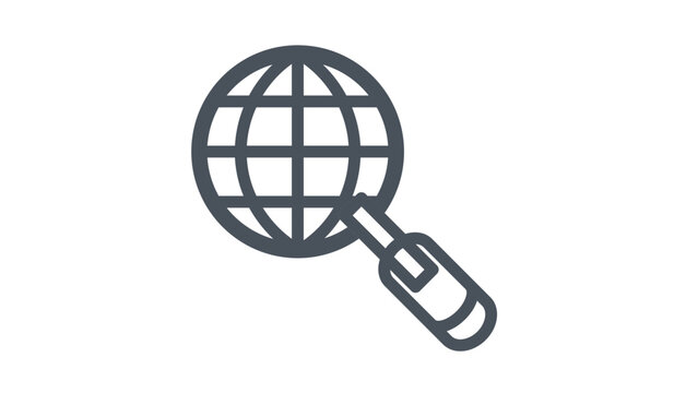 Global search vector icon illustration featuring a minimalist black line art globe and magnifying glass symbol for internet browsing, worldwide research, SEO, and web discovery concepts.