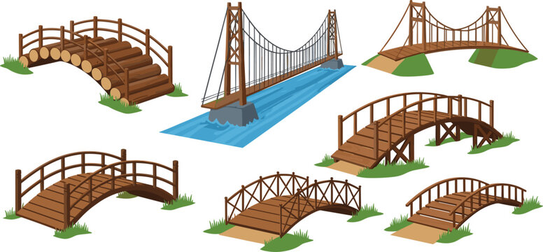 Wooden bridges set including suspension and garden bridges, outdoor landscape elements, rustic crossing structures, detailed vector illustration collection