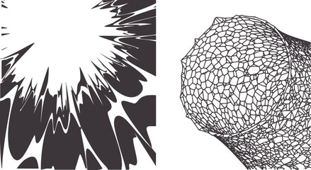 Abstract dark gray shapes radiating outwards and a geodesic dome structure © Musfiqur
