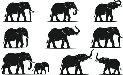 Elephant Silhouette Icons Set Featuring Various Walking Poses and Family Group for Wildlife and Nature Designs © Bappi