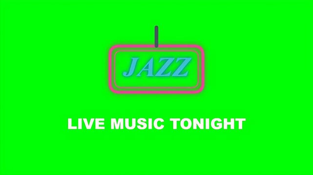 Glowing neon jazz sign with flickering light effects and live music tonight text for entertainment events