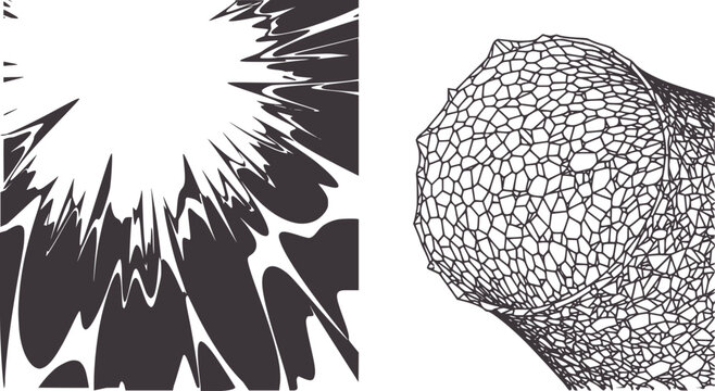 Abstract dark gray shapes radiating outwards and a geodesic dome structure