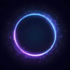 Fototapeta premium Glowing blue and purple neon ring with floating light particles on dark background.