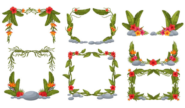 Tropical jungle border vector frame set rainforest leaf vines illustration