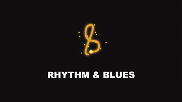 Glowing rhythm and blues text with a stylized orange musical note and sparkling particles.