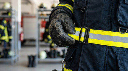 Fototapeta premium Firefighter safety belt reflective stripe protective glove uniform safety equipment Closeup firefighter wearing safety belt with reflective stripe, protective glove securing buckle uniform inside