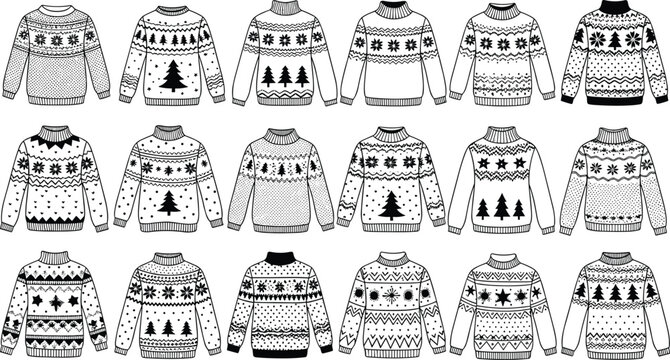 Christmas Sweater Icons Set Featuring Various Holiday Designs with Snowflakes, Trees, and Festive Patterns