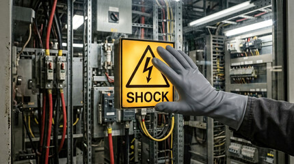 Fototapeta premium Shock warning sign glove hand pressing electrical hazard high voltage safety industrial electrical panel electrician maintenance power