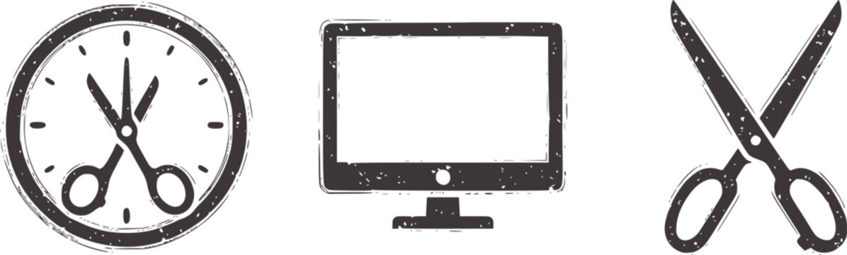 Three distressed clock scissors and computer monitor time