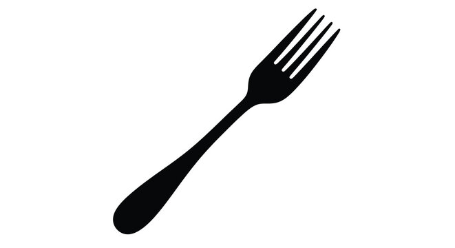 A simple black silhouette of a dining fork angled diagonally against a white background high quality