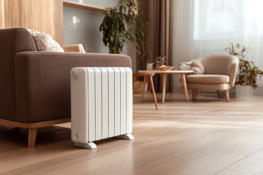 Modern electric heater in warm living room