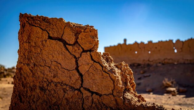 Sun-baked ancient adobe ruins with cracked clay brick textures in a desert landscape
