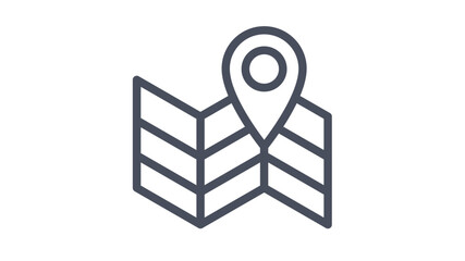 Minimalist black vector icon illustration of a folded paper map with a location pin marker, symbolizing navigation, travel destination, GPS tracking, and geographical positioning for web design. © MstNasima
