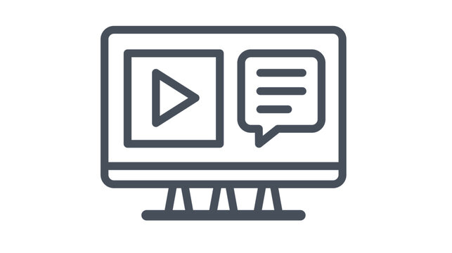 Minimalist black vector icon illustration of a computer monitor with a video play button and a chat speech bubble, symbolizing online education, webinars, video tutorials, and digital communication.