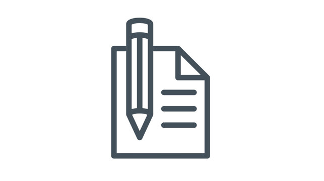 Minimalist vector icon of a pencil writing on a sheet of paper with a folded corner, representing note-taking, editing, blogging, or documentation, isolated on a white background illustration.
