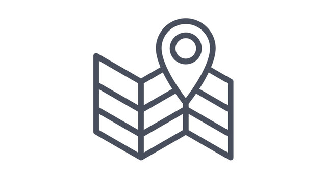 Minimalist black vector icon illustration of a folded paper map with a location pin marker, symbolizing navigation, travel destination, GPS tracking, and geographical positioning for web design.