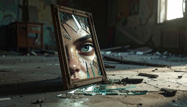 Fragmented Reflection of a Human Eye in a Shattered Mirror within a Desolate Interior Scene
