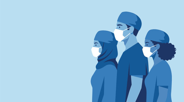 Healthcare professionals wearing face masks, standing side by side, and looking forward, symbolizing readiness and unity