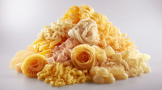 Pasta Varieties: A vibrant assortment of pasta shapes creates a delightful display, ready to inspire culinary creations.