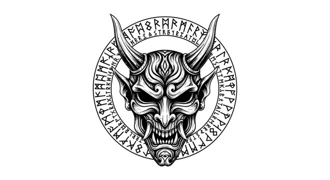 Intricate demon mask illustration with horns and rune circle design