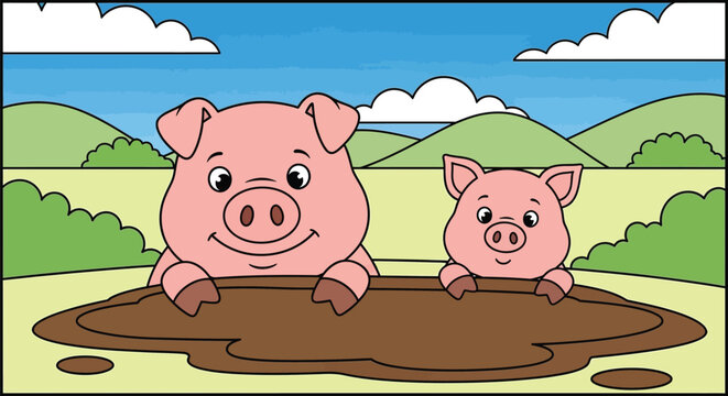 Two cute pigs playing in a mud puddle on a farm cartoon illustration