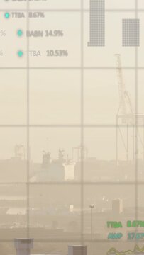 Vertical video: Data stream showing grid, blue rings, rates overlaying ship and crane for port ops