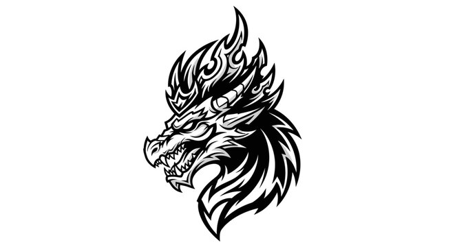 Intricate dragon head illustration in black and white against a white backdrop
