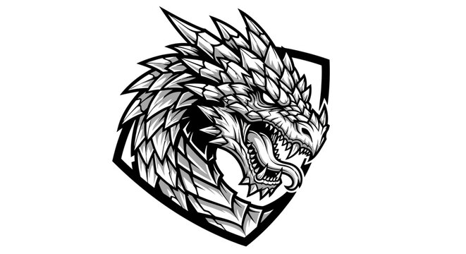 Intricate dragon head illustration in black and white against white background