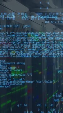 Vertical video: Camera shifting, sending blue code scrolling down, revealing racks, showing status