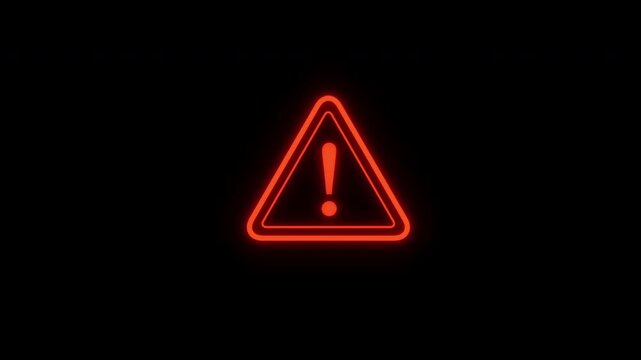 Warning alert symbol flashing red neon icon on black background