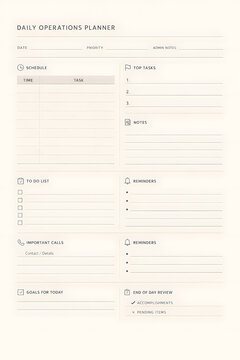 minimalist daily operations planner page in soft beige and charcoal swiss editorial layout