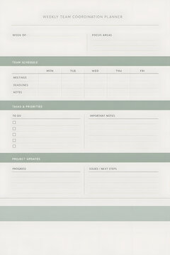 weekly team coordination planner minimalist office admin layout in sage and ivory grid