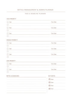 Modern minimalist office management and admin planner page with task and deadline checklist