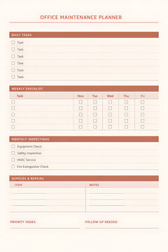 Office maintenance planner minimalist terracotta cream admin checklist grid printable page design