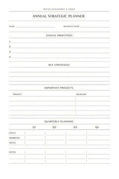 annual strategic planner minimalist office management admin layout monochrome luxury editorial design
