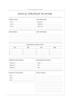 annual strategic planner minimalist office management admin layout monochrome luxury design
