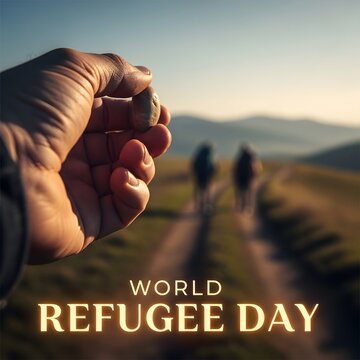 Human hand holding small stone on horizon path for world refugee day