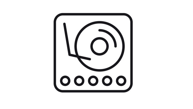 Minimalist black vector icon of a vintage record player or turntable with a vinyl disc and tonearm, isolated on a white background. Perfect for music, audio, and retro-themed graphic designs.