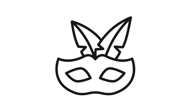 Black line art masquerade mask with feathers vector icon, elegant carnival mask illustration for party and festival design, minimalist Venetian mask symbol isolated on white background.